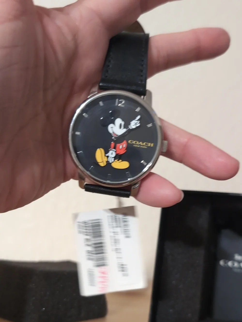 Coach Black Mickey Mouse Men's Leather Strap Watch with Silver Case NWT